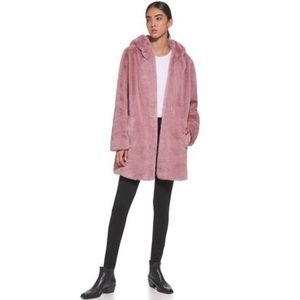 DKNY hooded faux fur fuzzy pink coat